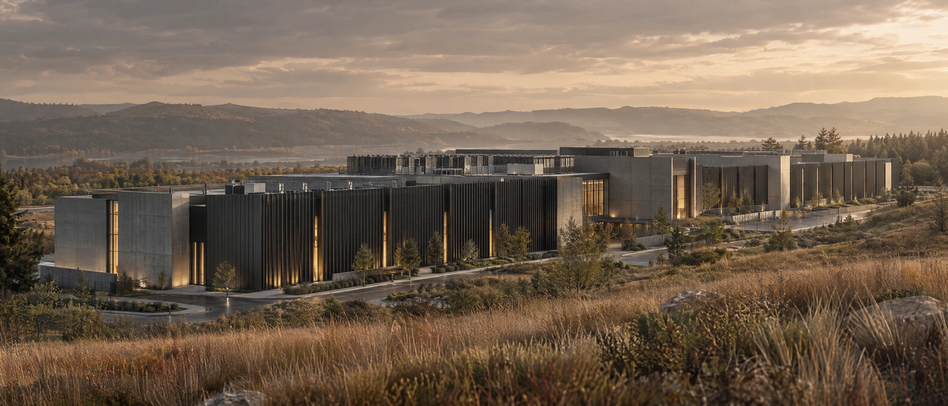 Architectural concept of a graphite-clad data center set within a natural landscape