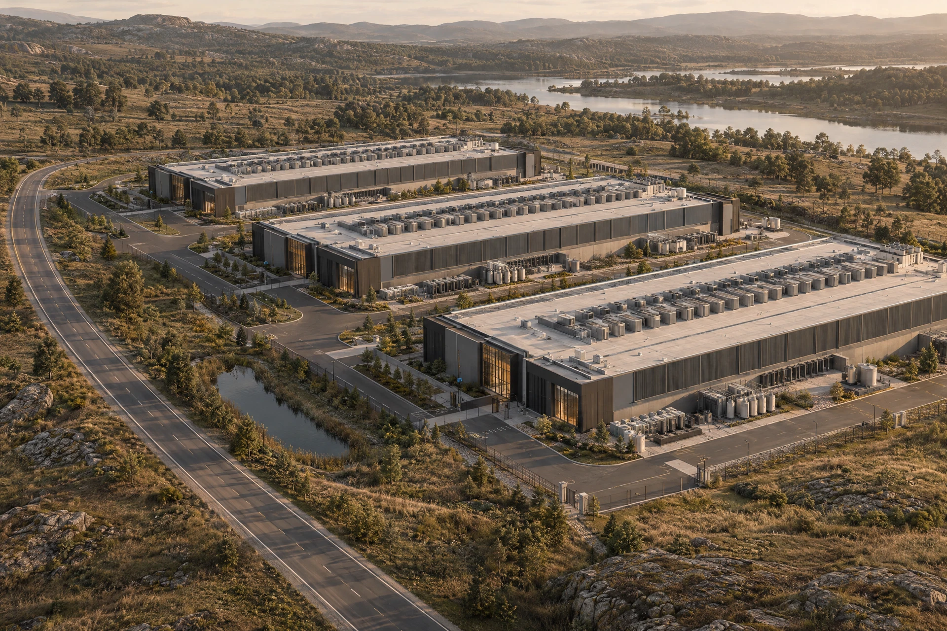 Aerial planning concept showing a coordinated data center campus and its infrastructure